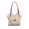 Straw Shoulder Bag - Boho Knit Tote with Vintage VW Van Patch