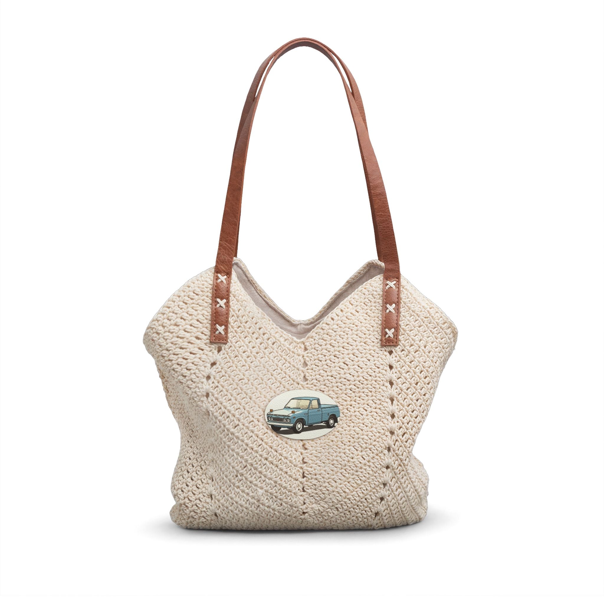 Straw Shoulder Bag - Boho Knit Tote with Vintage VW Van Patch